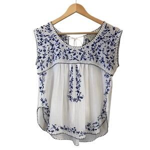 Rory Beca White/Blue Embroidered Boho Chic Top Size Medium